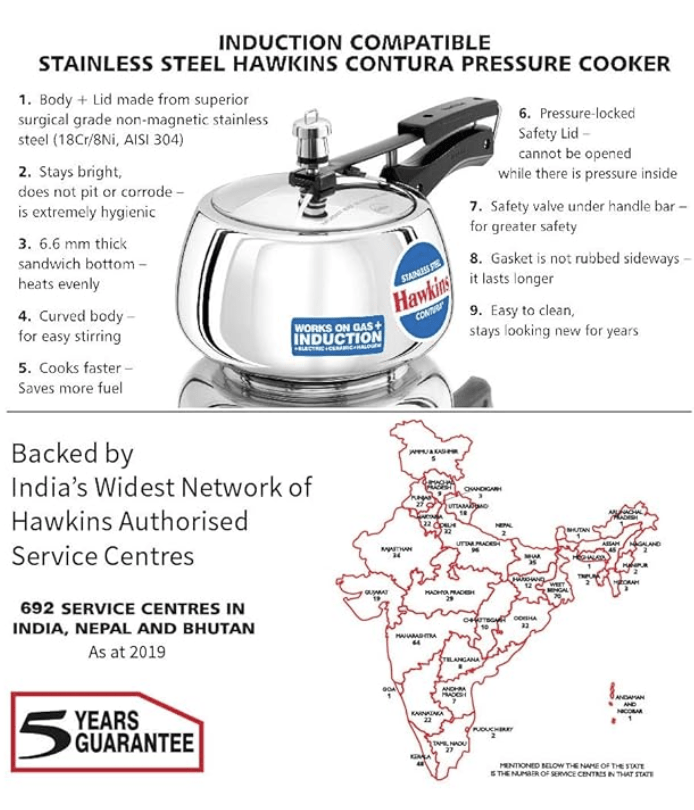 Stainless Steel Hawkins Contura 3 Litre Pressure Cooker Induction Compatible