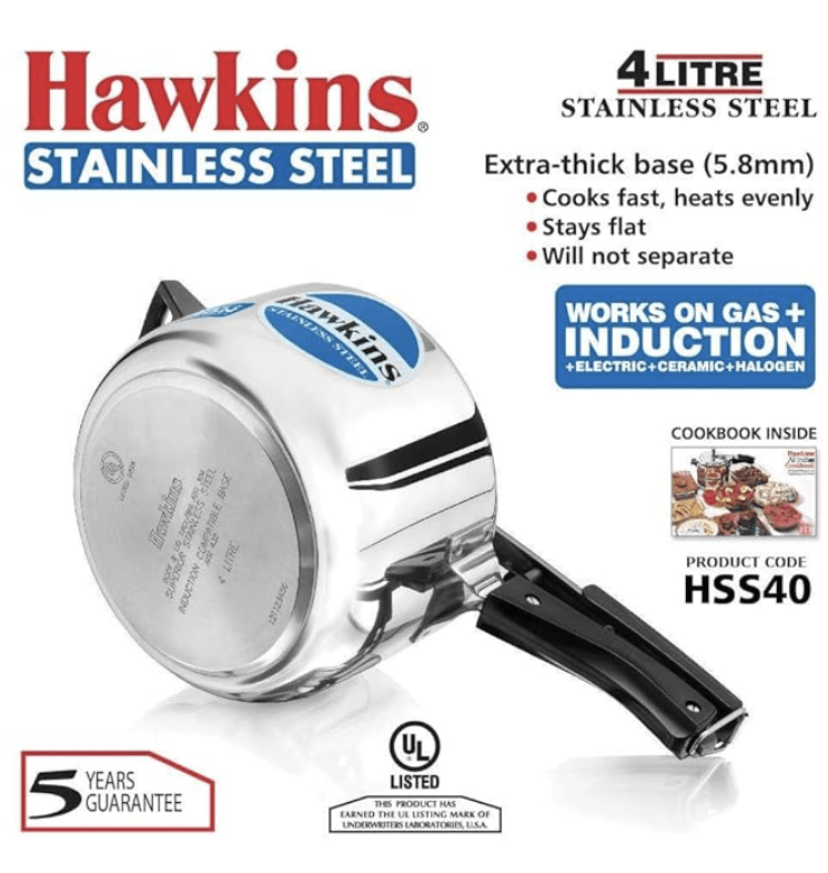 Hawkins 4 Litre Pressure Cooker, Stainless Steel Inner Lid Cooker, Induction Cooker, Silver (HSS40)