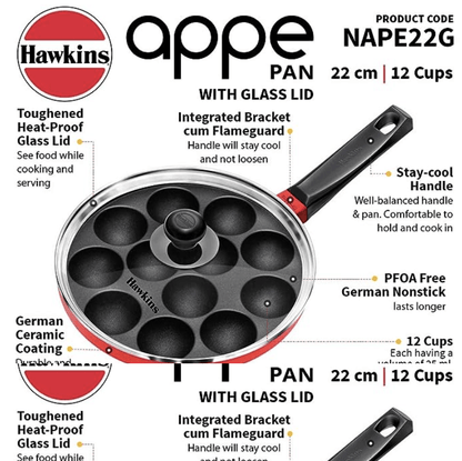 Hawkins Nonstick Appe Pan with Glass Lid, 12 Cups, Diameter 22 cm, Black (NAPE22G), Cast Aluminium, Red