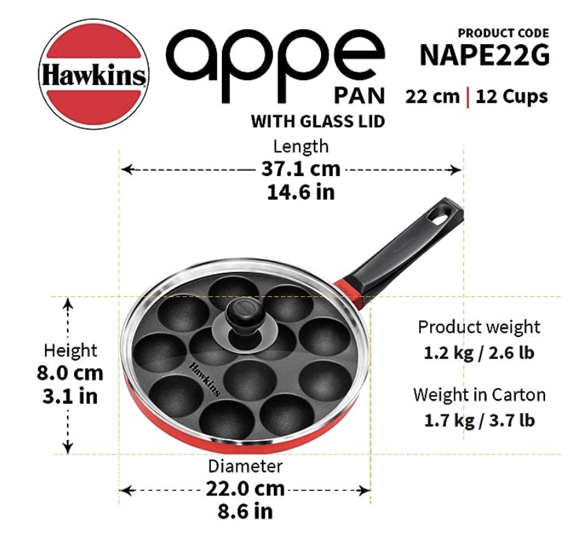 Hawkins Nonstick Appe Pan with Glass Lid, 12 Cups, Diameter 22 cm, Black (NAPE22G), Cast Aluminium, Red