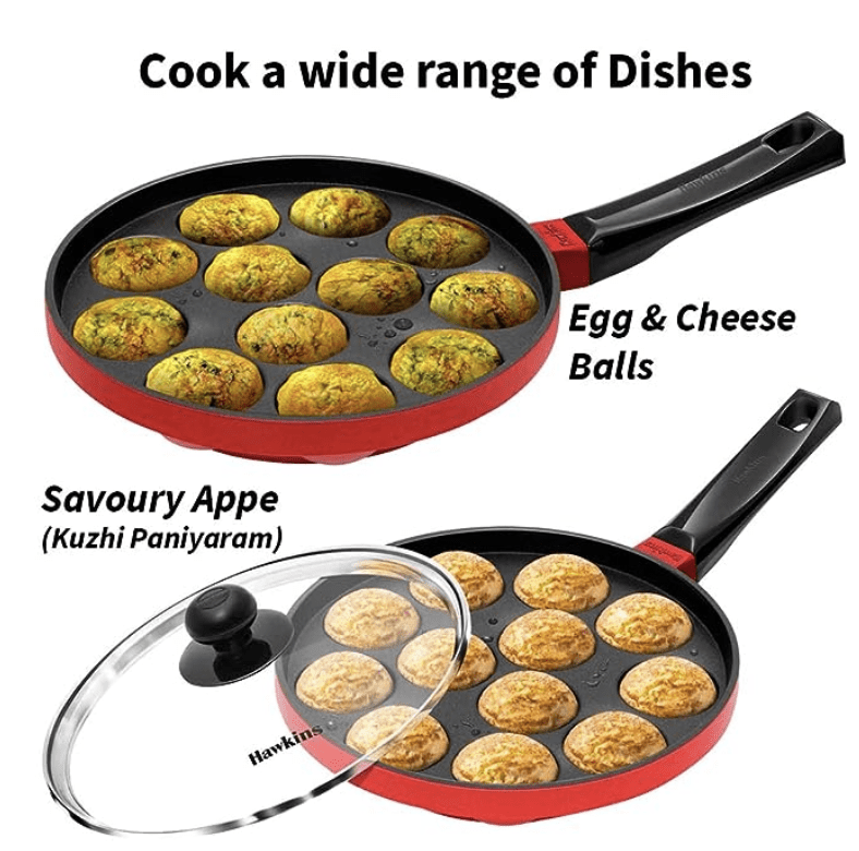 Hawkins Nonstick Appe Pan with Glass Lid, 12 Cups, Diameter 22 cm, Black (NAPE22G), Cast Aluminium, Red