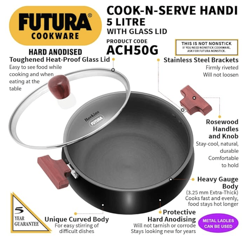 Hawkins Futura 5 Litre Cook n Serve Handi, Hard Anodised Biryani Handi with Glass Lid, Induction Saucepan, Sauce Pan, Black (IACH50G)