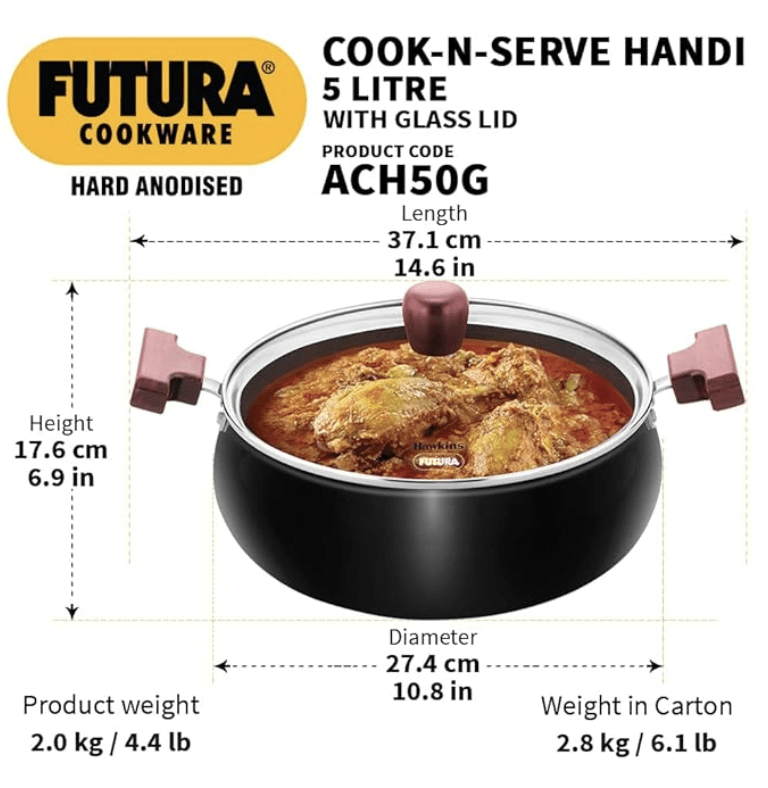 Hawkins Futura 5 Litre Cook n Serve Handi, Hard Anodised Biryani Handi with Glass Lid, Induction Saucepan, Sauce Pan, Black (IACH50G)