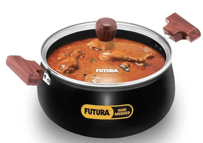 Hawkins Futura 4 Litre Cook n Serve Handi, Hard Anodised Biryani Handi with Glass Lid, Saucepan, Sauce Pan, Black (ACH40G)