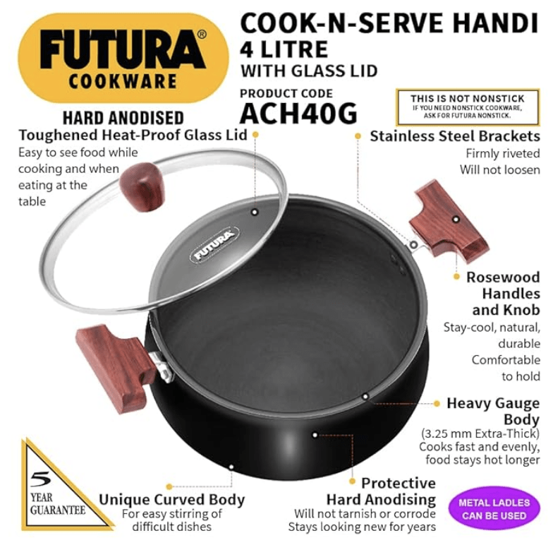 Hawkins Futura 4 Litre Cook n Serve Handi, Hard Anodised Biryani Handi with Glass Lid, Saucepan, Sauce Pan, Black (ACH40G)