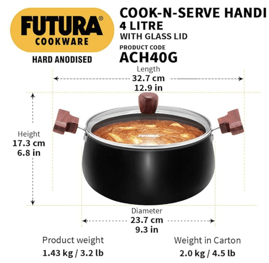Hawkins Futura 4 Litre Cook n Serve Handi, Hard Anodised Biryani Handi with Glass Lid, Saucepan, Sauce Pan, Black (ACH40G)