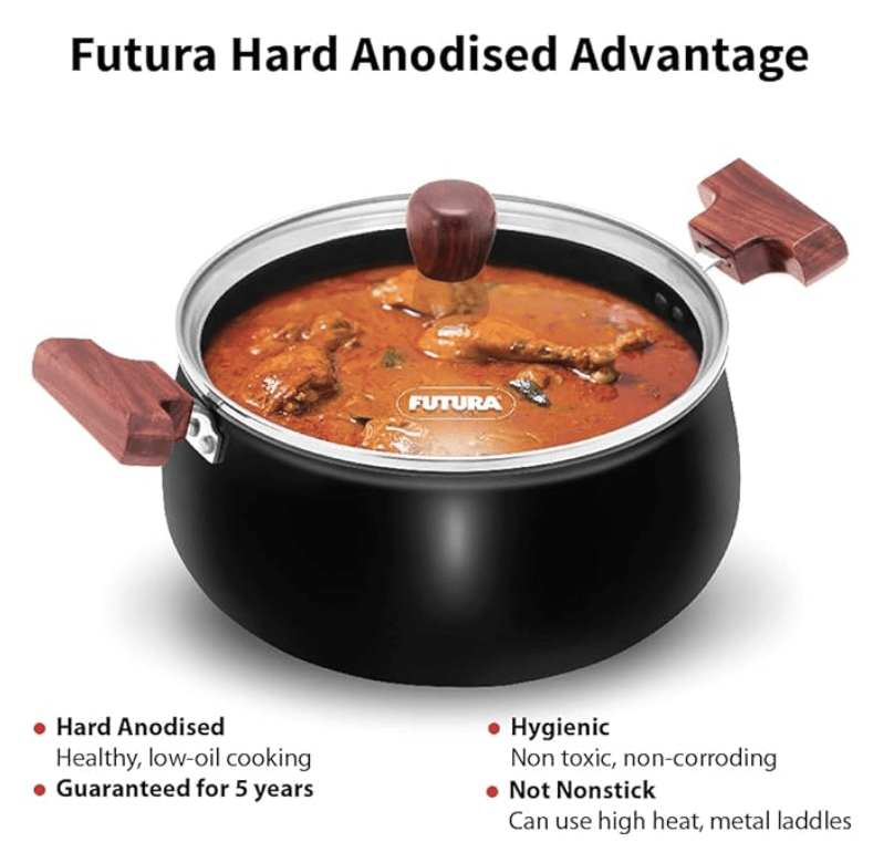 Hawkins Futura 4 Litre Cook n Serve Handi, Hard Anodised Biryani Handi with Glass Lid, Saucepan, Sauce Pan, Black (ACH40G)