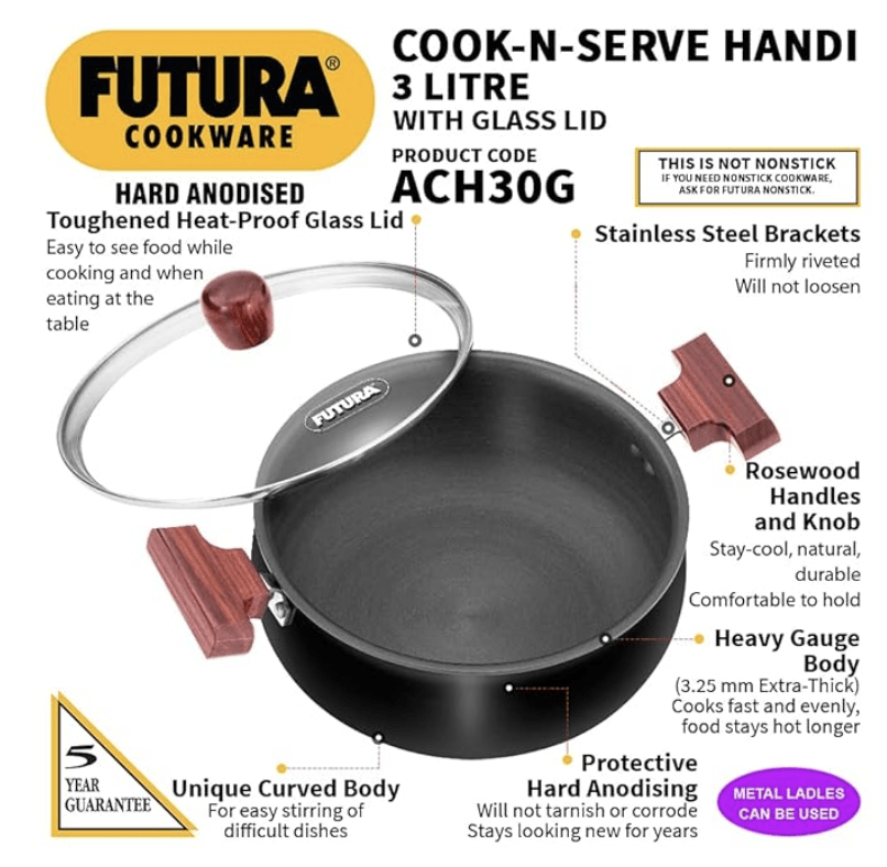 Hawkins Futura 3 Litre Cook n Serve Handi, Hard Anodised Biryani Handi with Glass Lid, Saucepan, Sauce Pan, Black (ACH30G)