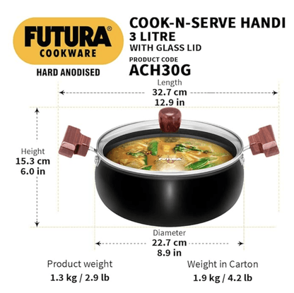 Hawkins Futura 3 Litre Cook n Serve Handi, Hard Anodised Biryani Handi with Glass Lid, Saucepan, Sauce Pan, Black (ACH30G)