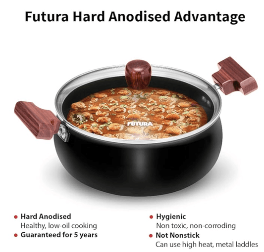 Hawkins Futura 3 Litre Cook n Serve Handi, Hard Anodised Biryani Handi with Glass Lid, Saucepan, Sauce Pan, Black (ACH30G)