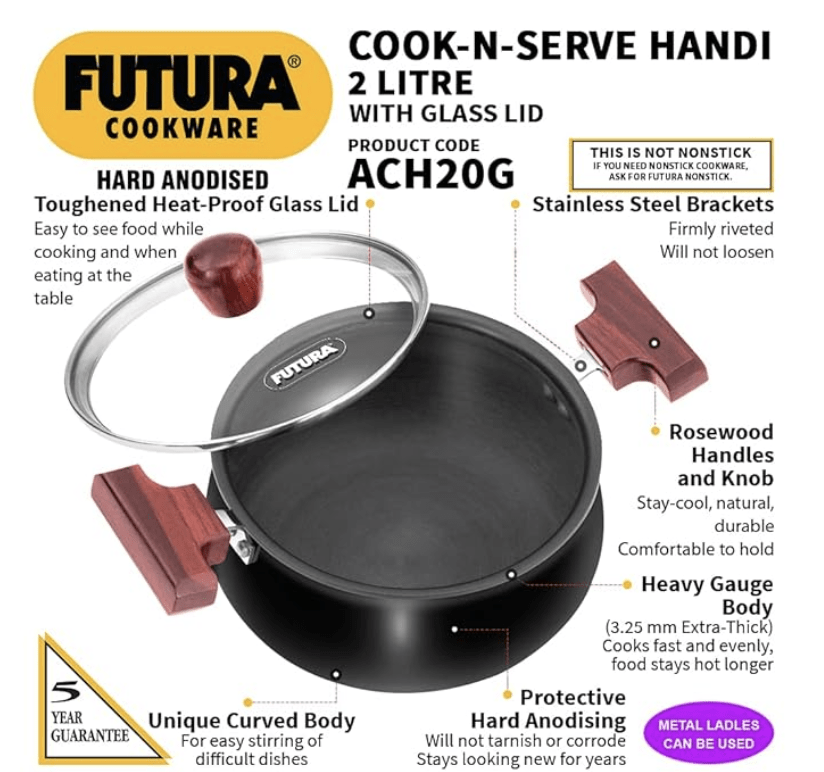 Hawkins Futura 2 Litre Cook n Serve Handi, Hard Anodised Biryani Handi with Glass Lid, Saucepan, Sauce Pan, Black (ACH20G)