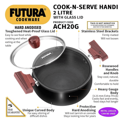 Hawkins Futura 2 Litre Cook n Serve Handi, Hard Anodised Biryani Handi with Glass Lid, Saucepan, Sauce Pan, Black (ACH20G)