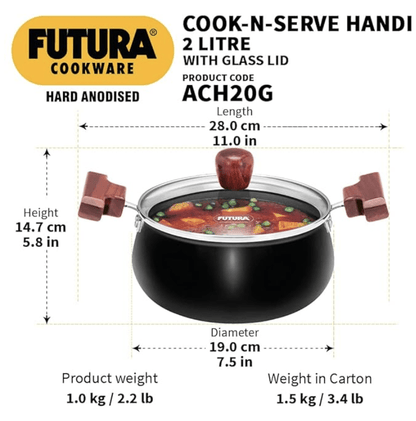 Hawkins Futura 2 Litre Cook n Serve Handi, Hard Anodised Biryani Handi with Glass Lid, Saucepan, Sauce Pan, Black (ACH20G)
