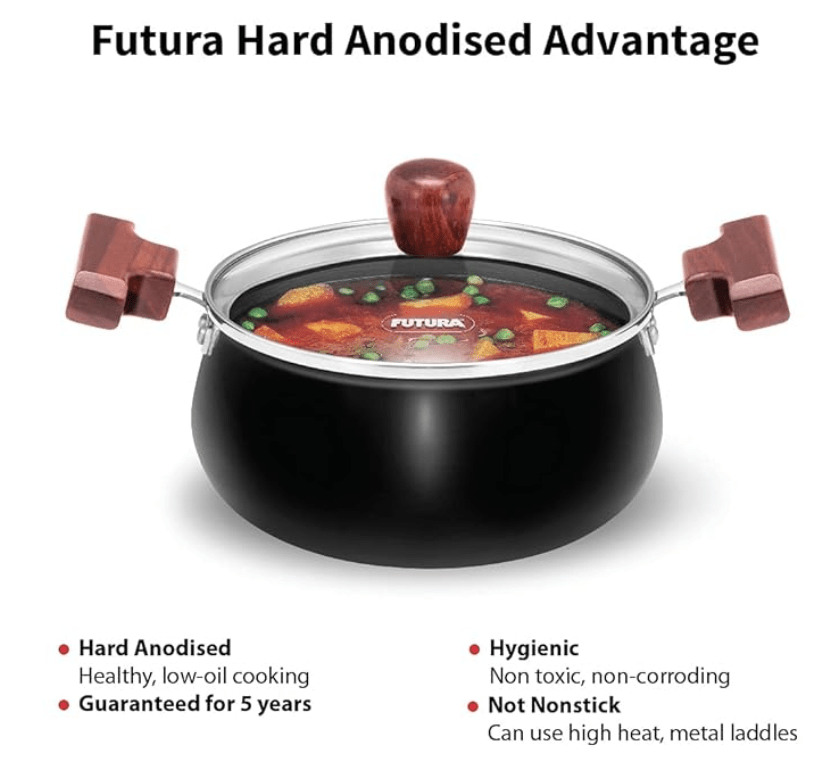 Hawkins Futura 2 Litre Cook n Serve Handi, Hard Anodised Biryani Handi with Glass Lid, Saucepan, Sauce Pan, Black (ACH20G)