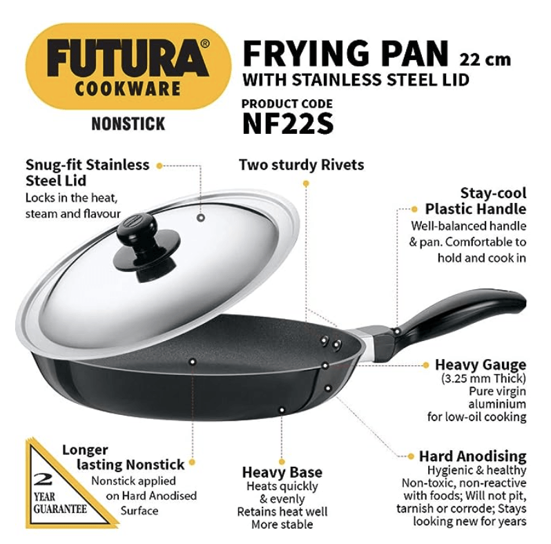Hawkins Futura 22 cm Frying Pan, Non Stick Fry Pan with Stainless Steel Lid, Small Frying Pan, Black (NF22S)