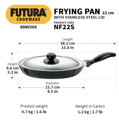 Hawkins Futura 22 cm Frying Pan, Non Stick Fry Pan with Stainless Steel Lid, Small Frying Pan, Black (NF22S)