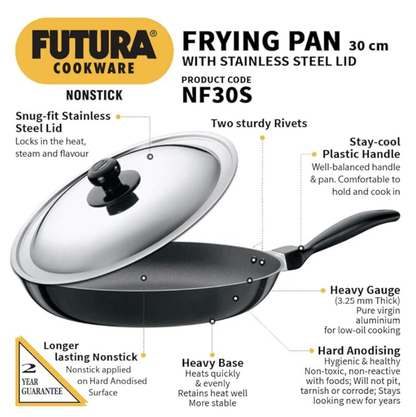 Hawkins Futura 30 cm Frying Pan, Non Stick Fry Pan with Stainless Steel Lid, Big Frying Pan, Black (NF30S)