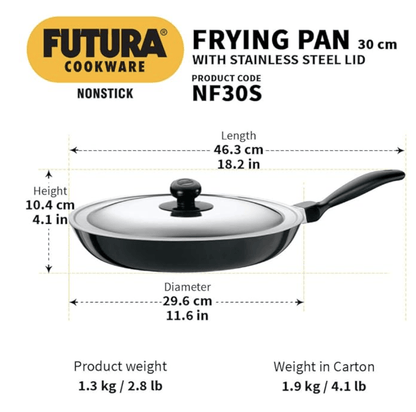 Hawkins Futura 30 cm Frying Pan, Non Stick Fry Pan with Stainless Steel Lid, Big Frying Pan, Black (NF30S)