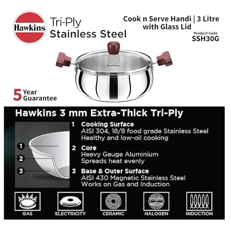 Hawkins 3 Litre Cook n Serve Handi, Triply Stainless Steel Handi with Glass Lid, Induction Sauce Pan, Biryani Handi, Saucepan, Silver (SSH30G)