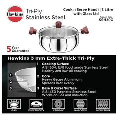 Hawkins 3 Litre Cook n Serve Handi, Triply Stainless Steel Handi with Glass Lid, Induction Sauce Pan, Biryani Handi, Saucepan, Silver (SSH30G)-5
