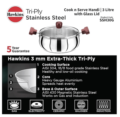 Hawkins 3 Litre Cook n Serve Handi, Triply Stainless Steel Handi with Glass Lid, Induction Sauce Pan, Biryani Handi, Saucepan, Silver (SSH30G)