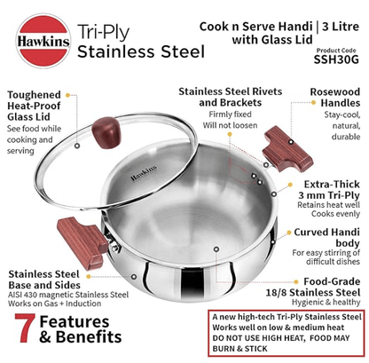 Hawkins 3 Litre Cook n Serve Handi, Triply Stainless Steel Handi with Glass Lid, Induction Sauce Pan, Biryani Handi, Saucepan, Silver (SSH30G)