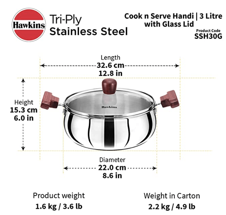 Hawkins 3 Litre Cook n Serve Handi, Triply Stainless Steel Handi with Glass Lid, Induction Sauce Pan, Biryani Handi, Saucepan, Silver (SSH30G)