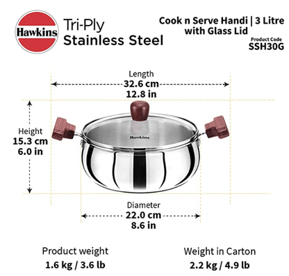 Hawkins 3 Litre Cook n Serve Handi, Triply Stainless Steel Handi with Glass Lid, Induction Sauce Pan, Biryani Handi, Saucepan, Silver (SSH30G)