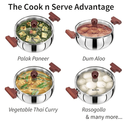 Hawkins 2 Litre Cook n Serve Handi, Triply Stainless Steel Handi with Glass Lid, Induction Sauce Pan, Biryani Handi, Saucepan, Silver (SSH20G)