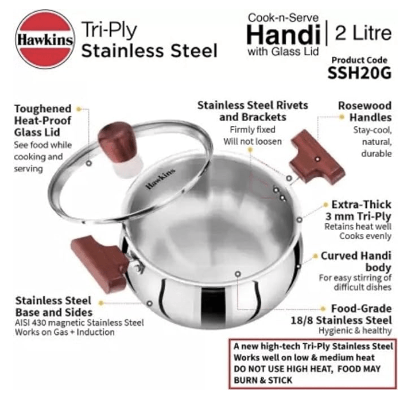 Hawkins 2 Litre Cook n Serve Handi, Triply Stainless Steel Handi with Glass Lid, Induction Sauce Pan, Biryani Handi, Saucepan, Silver (SSH20G)