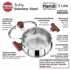 Hawkins 2 Litre Cook n Serve Handi, Triply Stainless Steel Handi with Glass Lid, Induction Sauce Pan, Biryani Handi, Saucepan, Silver (SSH20G)-2
