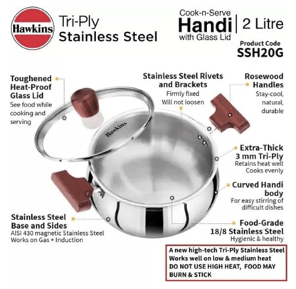 Hawkins 2 Litre Cook n Serve Handi, Triply Stainless Steel Handi with Glass Lid, Induction Sauce Pan, Biryani Handi, Saucepan, Silver (SSH20G)