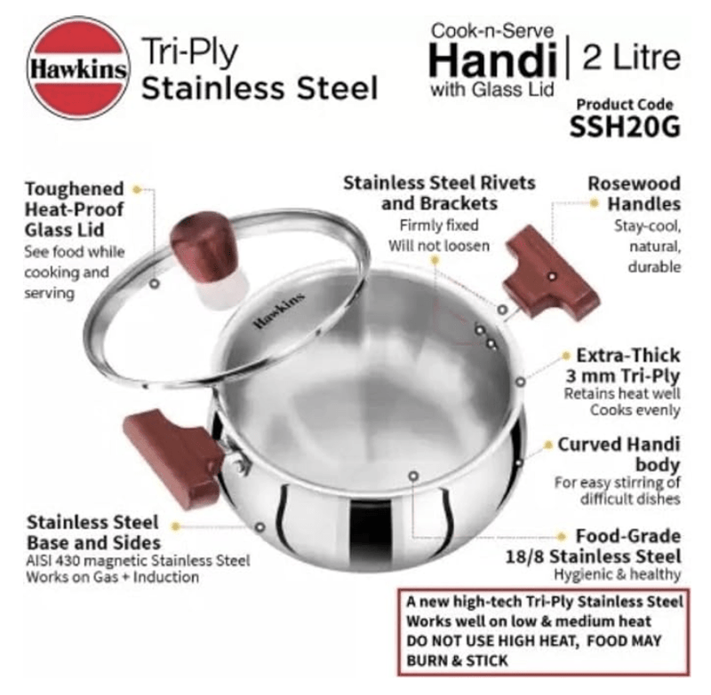 Hawkins 2 Litre Cook n Serve Handi, Triply Stainless Steel Handi with Glass Lid, Induction Sauce Pan, Biryani Handi, Saucepan, Silver (SSH20G)-2
