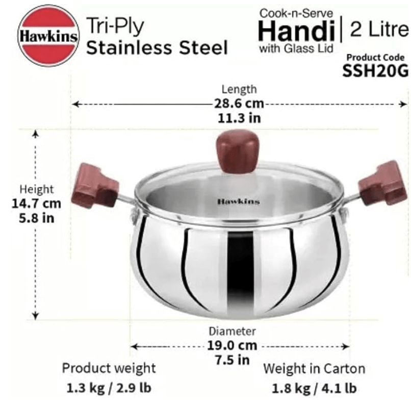Hawkins 2 Litre Cook n Serve Handi, Triply Stainless Steel Handi with Glass Lid, Induction Sauce Pan, Biryani Handi, Saucepan, Silver (SSH20G)