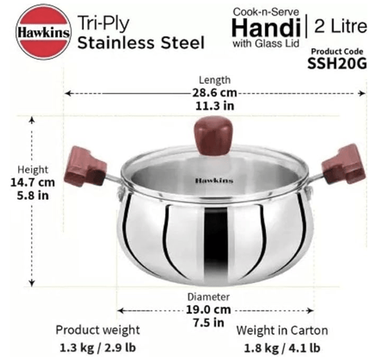 Hawkins 2 Litre Cook n Serve Handi, Triply Stainless Steel Handi with Glass Lid, Induction Sauce Pan, Biryani Handi, Saucepan, Silver (SSH20G)