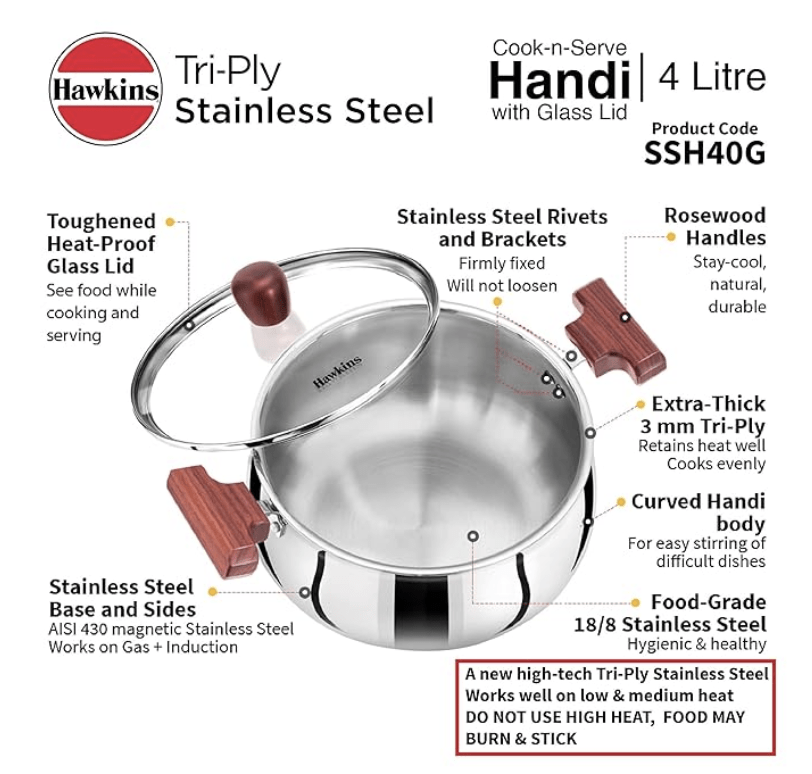 Hawkins 4 Litre Cook n Serve Handi, Triply Stainless Steel Handi with Glass Lid, Induction Sauce Pan, Biryani Handi, Saucepan, Silver (SSH40G)