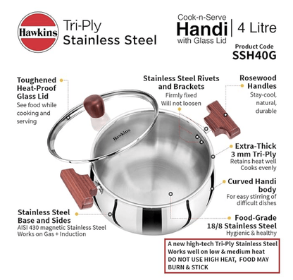 Hawkins 4 Litre Cook n Serve Handi, Triply Stainless Steel Handi with Glass Lid, Induction Sauce Pan, Biryani Handi, Saucepan, Silver (SSH40G)