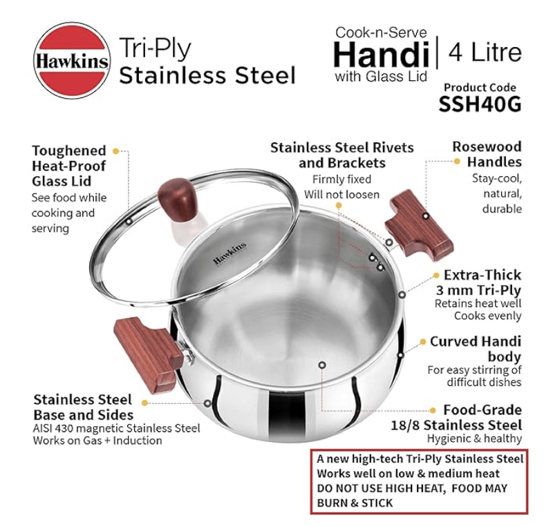 Hawkins 4 Litre Cook n Serve Handi, Triply Stainless Steel Handi with Glass Lid, Induction Sauce Pan, Biryani Handi, Saucepan, Silver (SSH40G)-4