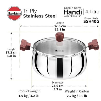 Hawkins 4 Litre Cook n Serve Handi, Triply Stainless Steel Handi with Glass Lid, Induction Sauce Pan, Biryani Handi, Saucepan, Silver (SSH40G)