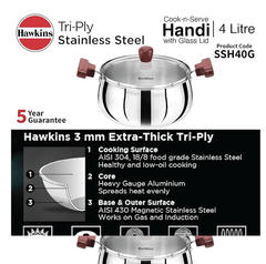 Hawkins 4 Litre Cook n Serve Handi, Triply Stainless Steel Handi with Glass Lid, Induction Sauce Pan, Biryani Handi, Saucepan, Silver (SSH40G)-2