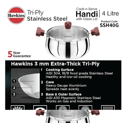 Hawkins 4 Litre Cook n Serve Handi, Triply Stainless Steel Handi with Glass Lid, Induction Sauce Pan, Biryani Handi, Saucepan, Silver (SSH40G)