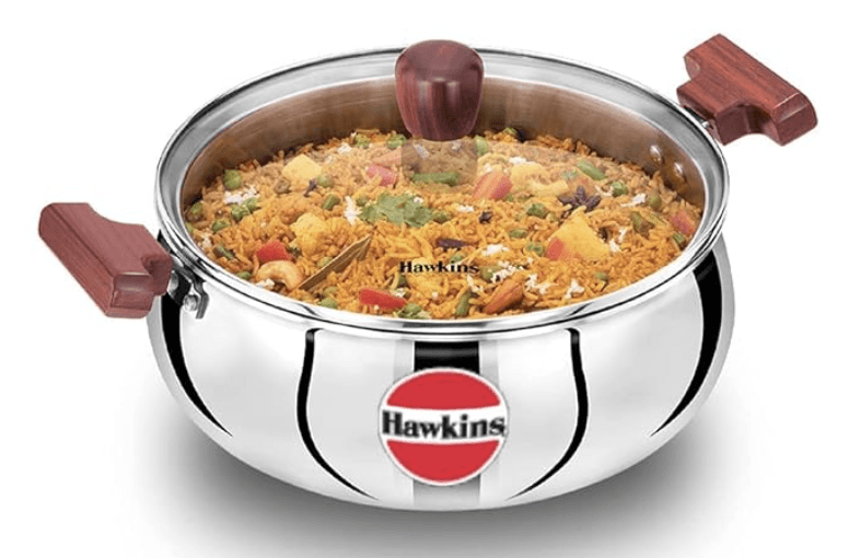 Hawkins 5 Litre Cook n Serve Handi, Triply Stainless Steel Handi with Glass Lid, Induction Sauce Pan, Biryani Handi, Saucepan, Silver (SSH50G)