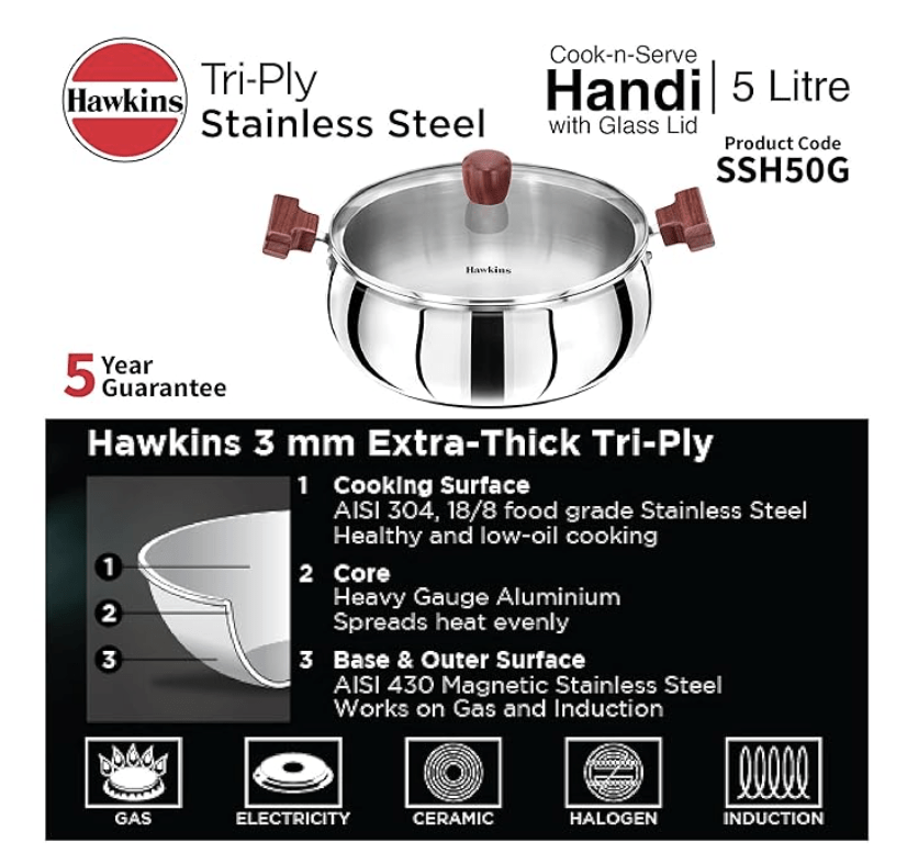 Hawkins 5 Litre Cook n Serve Handi, Triply Stainless Steel Handi with Glass Lid, Induction Sauce Pan, Biryani Handi, Saucepan, Silver (SSH50G)