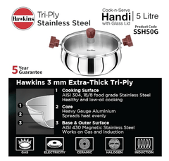 Hawkins 5 Litre Cook n Serve Handi, Triply Stainless Steel Handi with Glass Lid, Induction Sauce Pan, Biryani Handi, Saucepan, Silver (SSH50G)-3