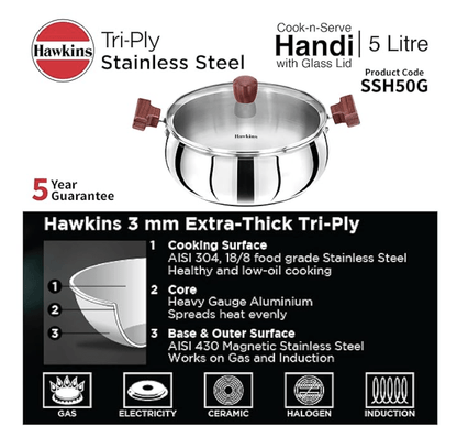 Hawkins 5 Litre Cook n Serve Handi, Triply Stainless Steel Handi with Glass Lid, Induction Sauce Pan, Biryani Handi, Saucepan, Silver (SSH50G)