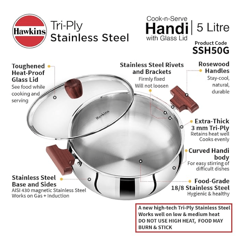 Hawkins 5 Litre Cook n Serve Handi, Triply Stainless Steel Handi with Glass Lid, Induction Sauce Pan, Biryani Handi, Saucepan, Silver (SSH50G)