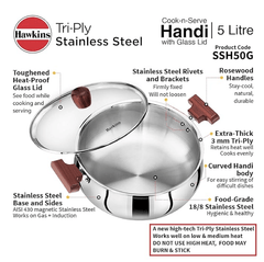 Hawkins 5 Litre Cook n Serve Handi, Triply Stainless Steel Handi with Glass Lid, Induction Sauce Pan, Biryani Handi, Saucepan, Silver (SSH50G)-4
