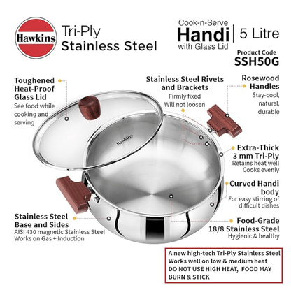 Hawkins 5 Litre Cook n Serve Handi, Triply Stainless Steel Handi with Glass Lid, Induction Sauce Pan, Biryani Handi, Saucepan, Silver (SSH50G)