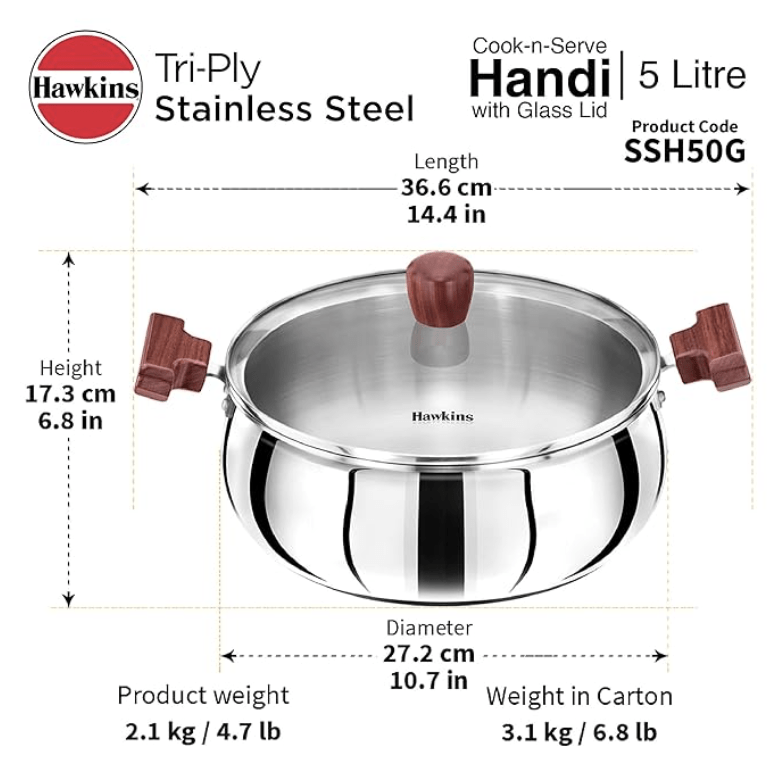 Hawkins 5 Litre Cook n Serve Handi, Triply Stainless Steel Handi with Glass Lid, Induction Sauce Pan, Biryani Handi, Saucepan, Silver (SSH50G)-5