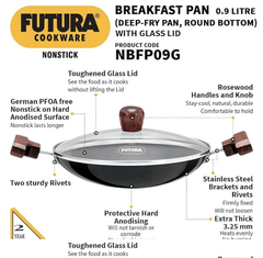 Hawkins FUTURA 0.9 Litre Breakfast Pan with Glass Lid, Nonstick Cookware, Appachatty, Chetty Pan, Appam Patra, Round Bottom Kadai, Black (NBFP09G) - 217 mm-3